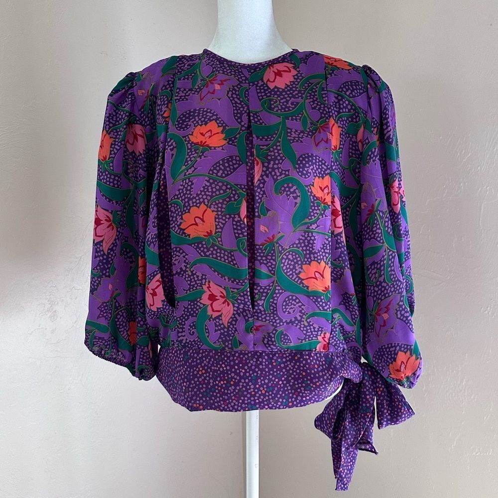 Assorti For Susan Freis Vintage Floral Polka Dot Tie Waist Blouson Top Blouse S